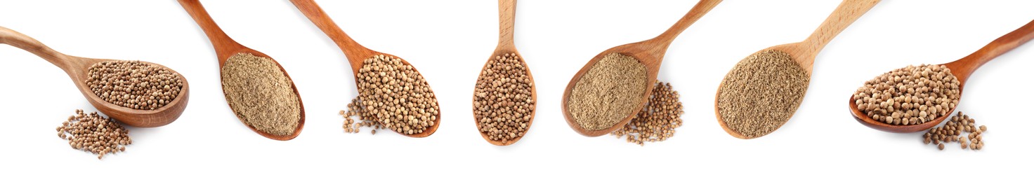 Image of Set with coriander seeds and powder on white background. Banner design