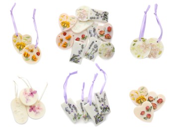 Image of Beautiful scented sachets with dried flowers on white background, collage