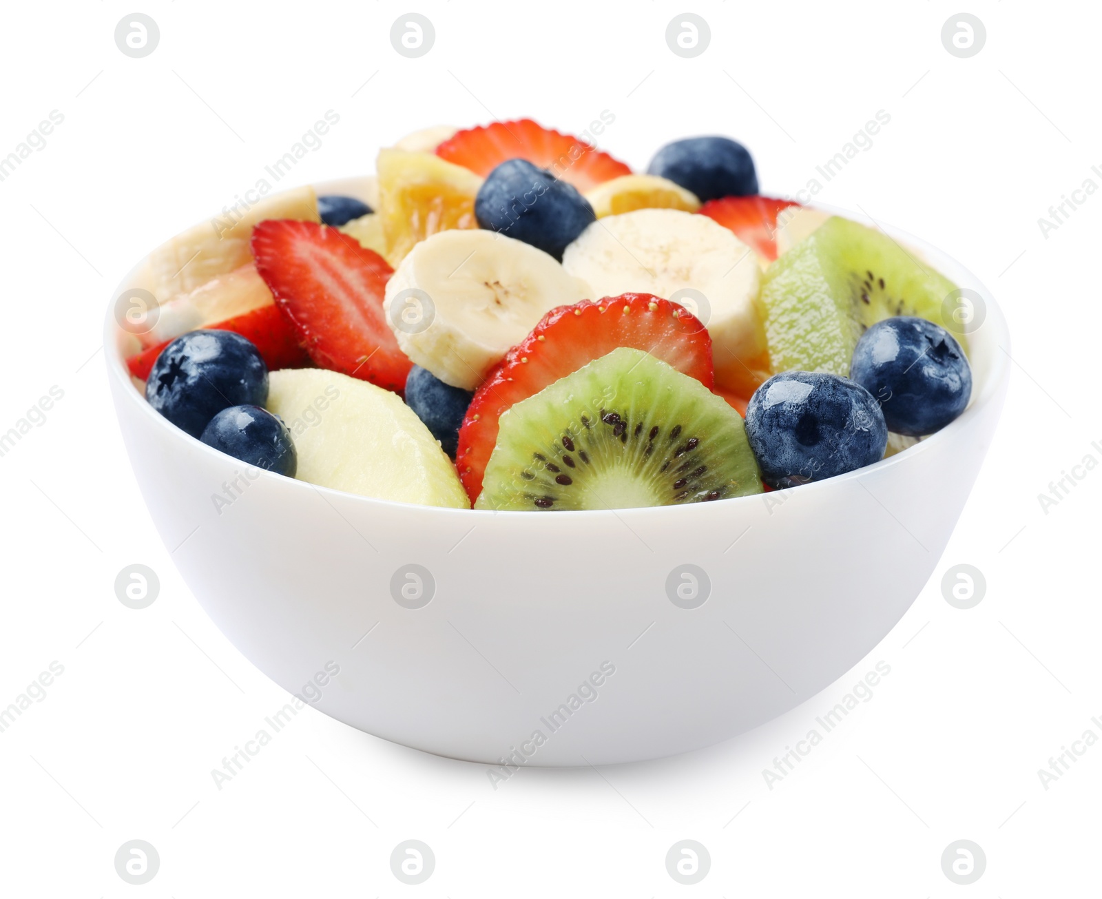 Photo of Tasty fruit salad in bowl isolated on white