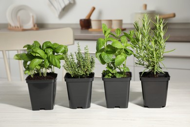 Photo of Pots with basil, thyme, mint and rosemary on white wooden table in kitchen