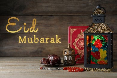 Image of Eid Mubarak greeting card. Composition with Arabic lantern and Quran on wooden table