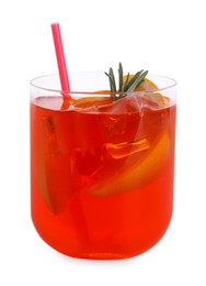 Photo of Aperol spritz cocktail, straw, orange slices and rosemary in glass isolated on white