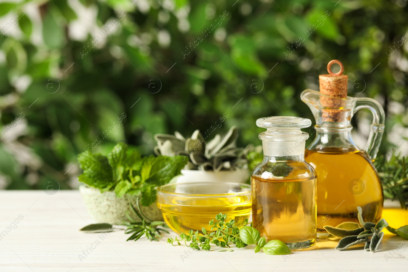 Photo of Different fresh herbs with oils on white wooden table