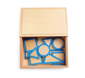 Photo of Set of plane geometric figures with box isolated on white, top view. Montessori toy