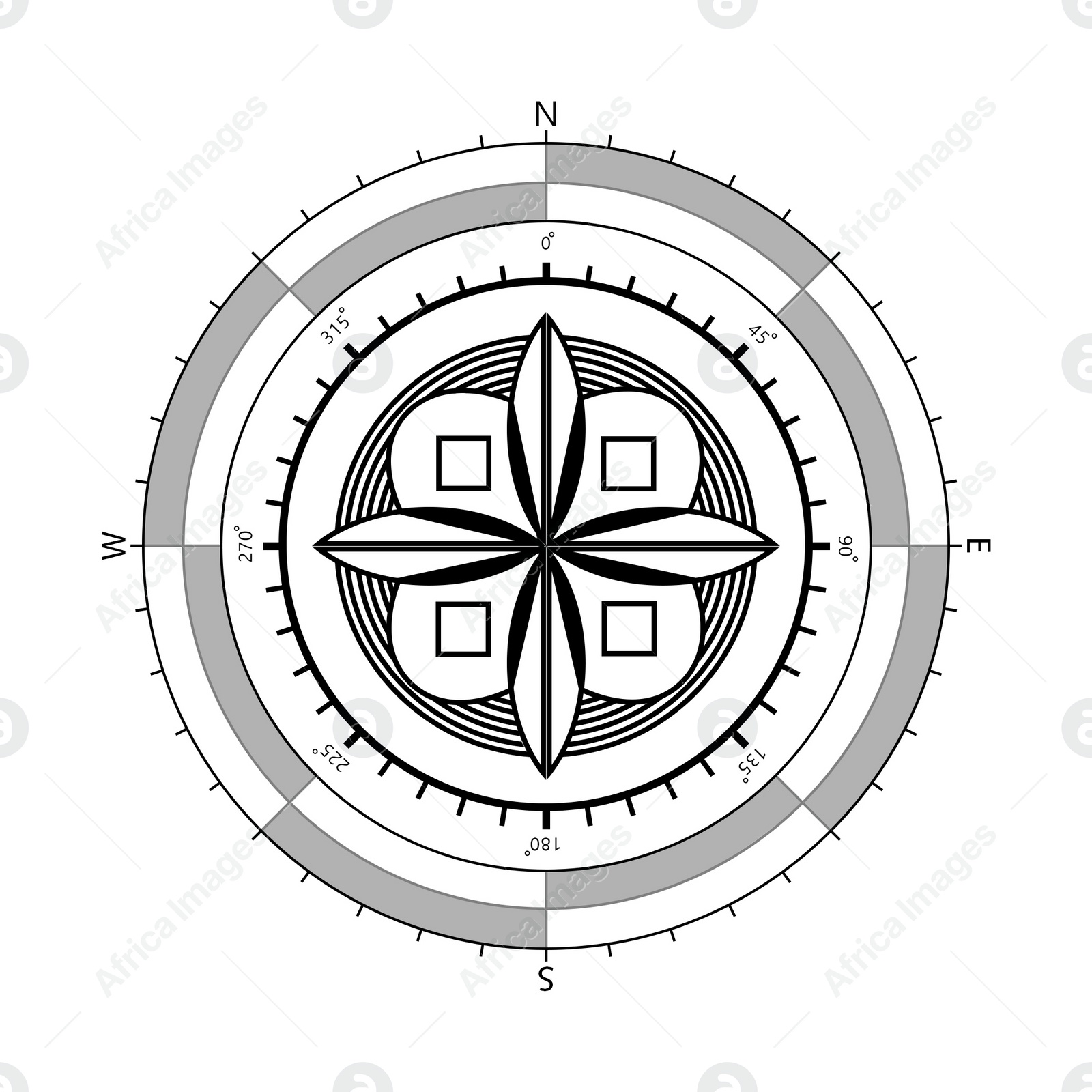 Illustration of Compass rose with four cardinal directions - North, East, South, West on white background. Illustration