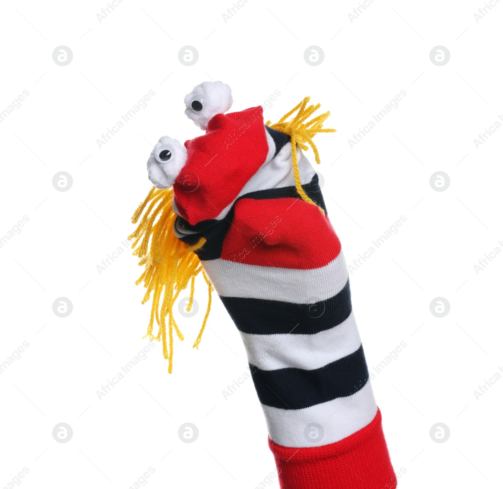 Photo of Funny sock puppet with hair isolated on white