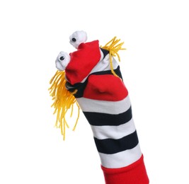 Photo of Funny sock puppet with hair isolated on white