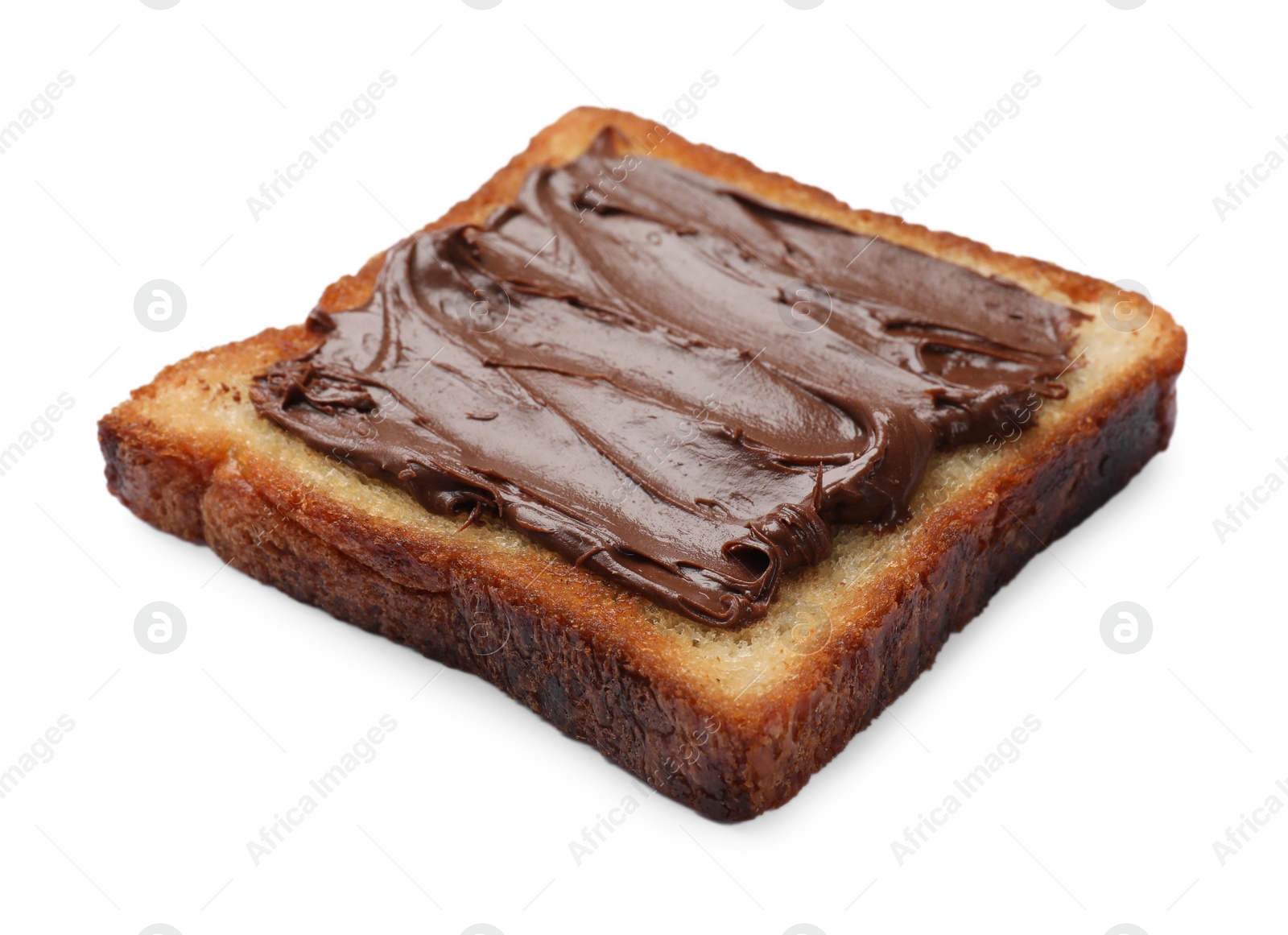 Photo of Piece of fresh toast bread with tasty chocolate paste isolated on white