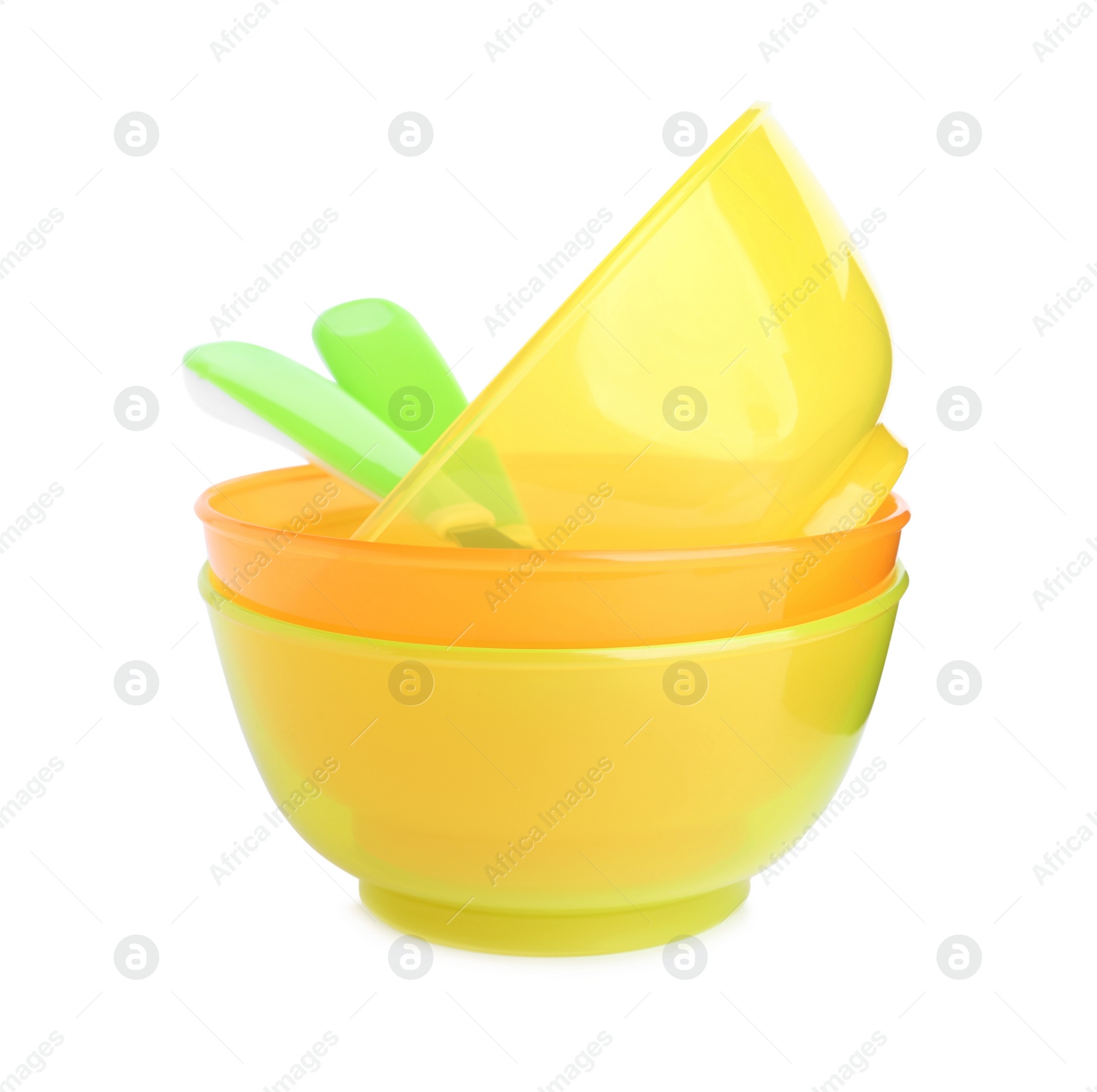Photo of Plastic dishware isolated on white. Serving baby food