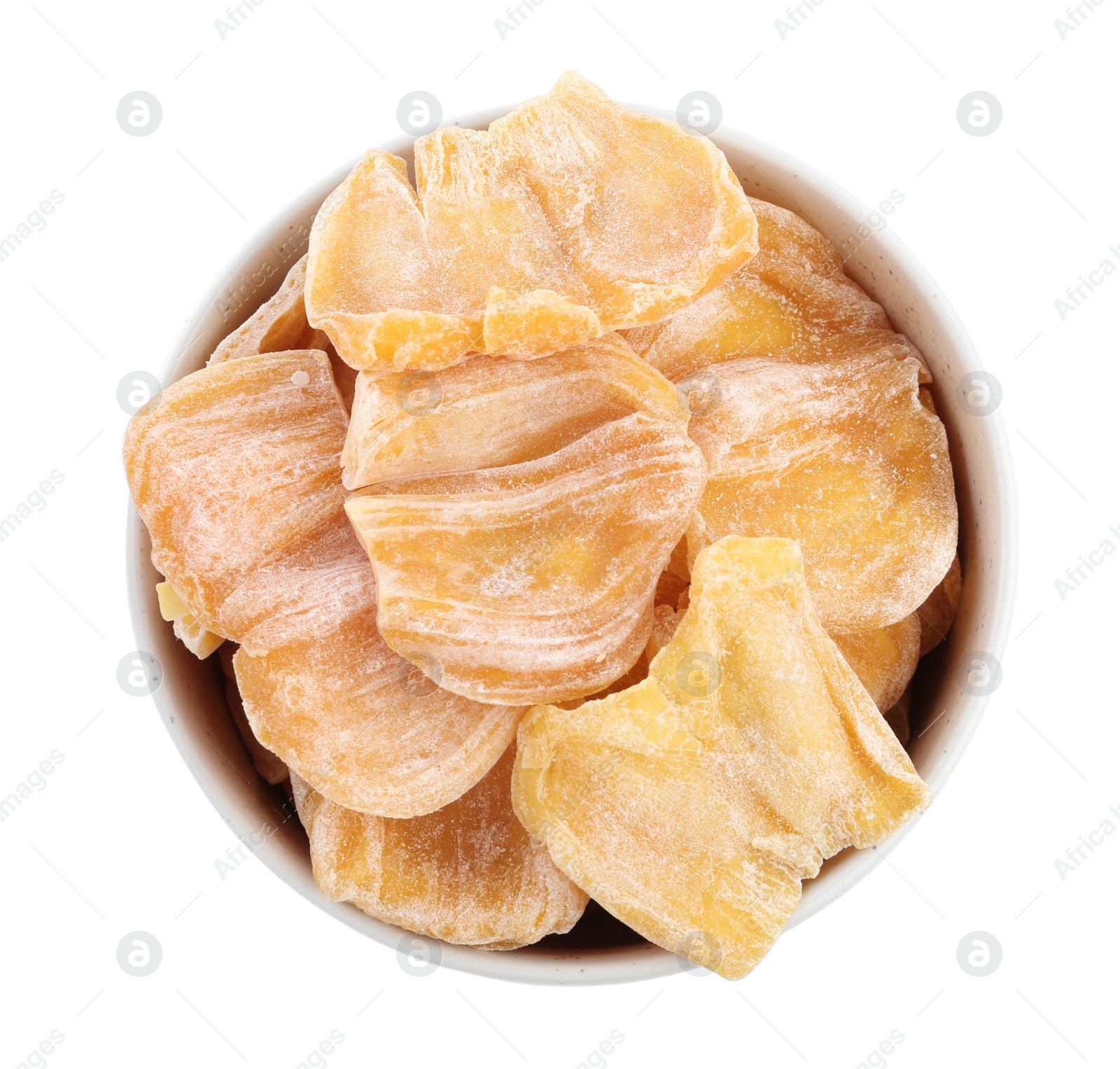 Photo of Delicious dried jackfruit slices in bowl isolated on white, top view