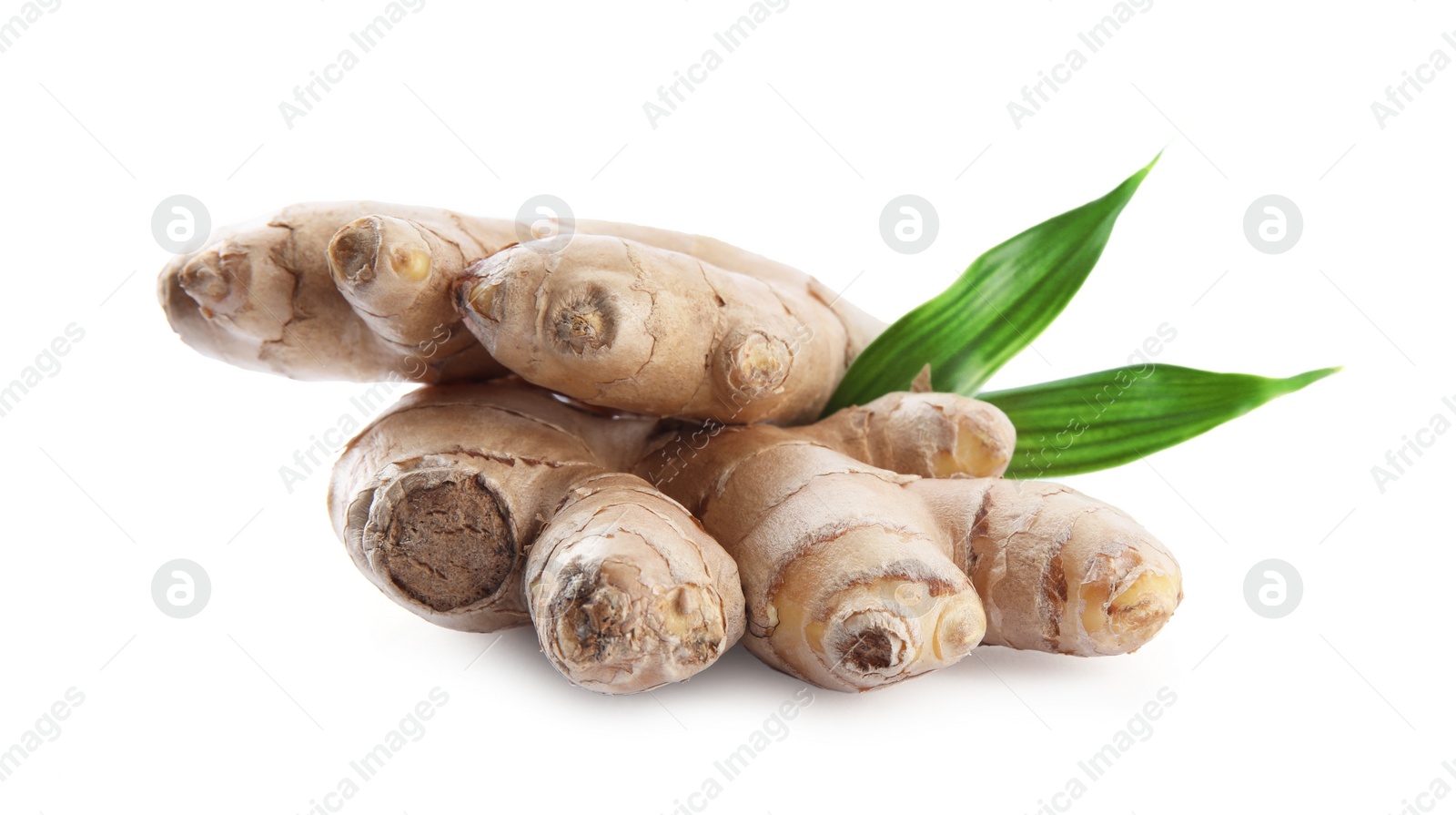 Photo of Whole fresh ginger with leaves isolated on white background