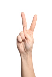 Photo of Woman showing V letter on white background, closeup. Sign language