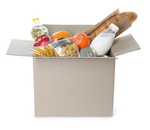 Cardboard box with donation food isolated on white