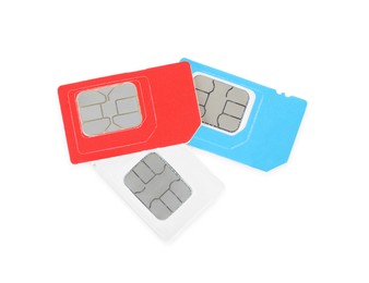 Different SIM cards on white background, top view