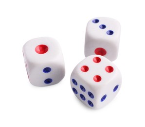 Photo of Three dices isolated on white. Game cubes