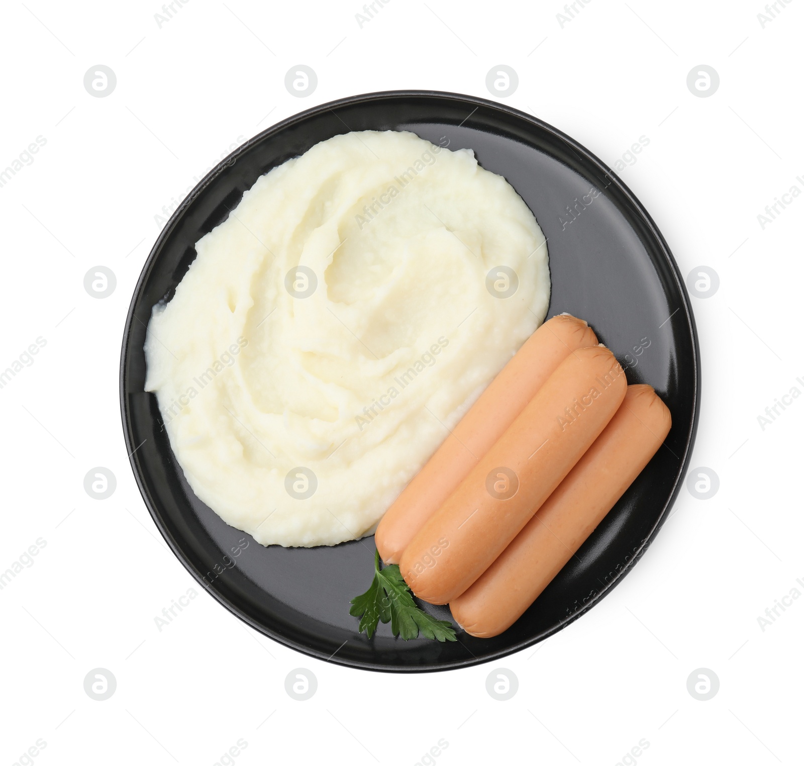 Photo of Delicious boiled sausages, mashed potato and parsley isolated on white, top view