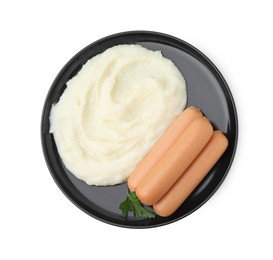 Delicious boiled sausages, mashed potato and parsley isolated on white, top view