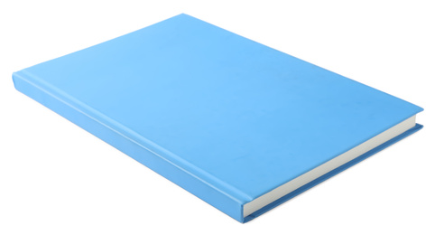 Stylish light blue notebook isolated on white