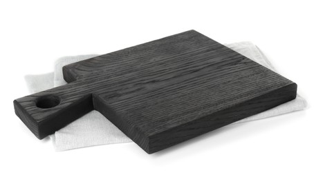 Photo of Black wooden cutting board and napkin isolated on white