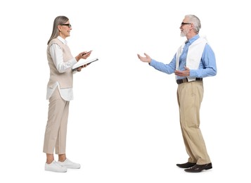 Senior man and woman talking on white background. Dialogue