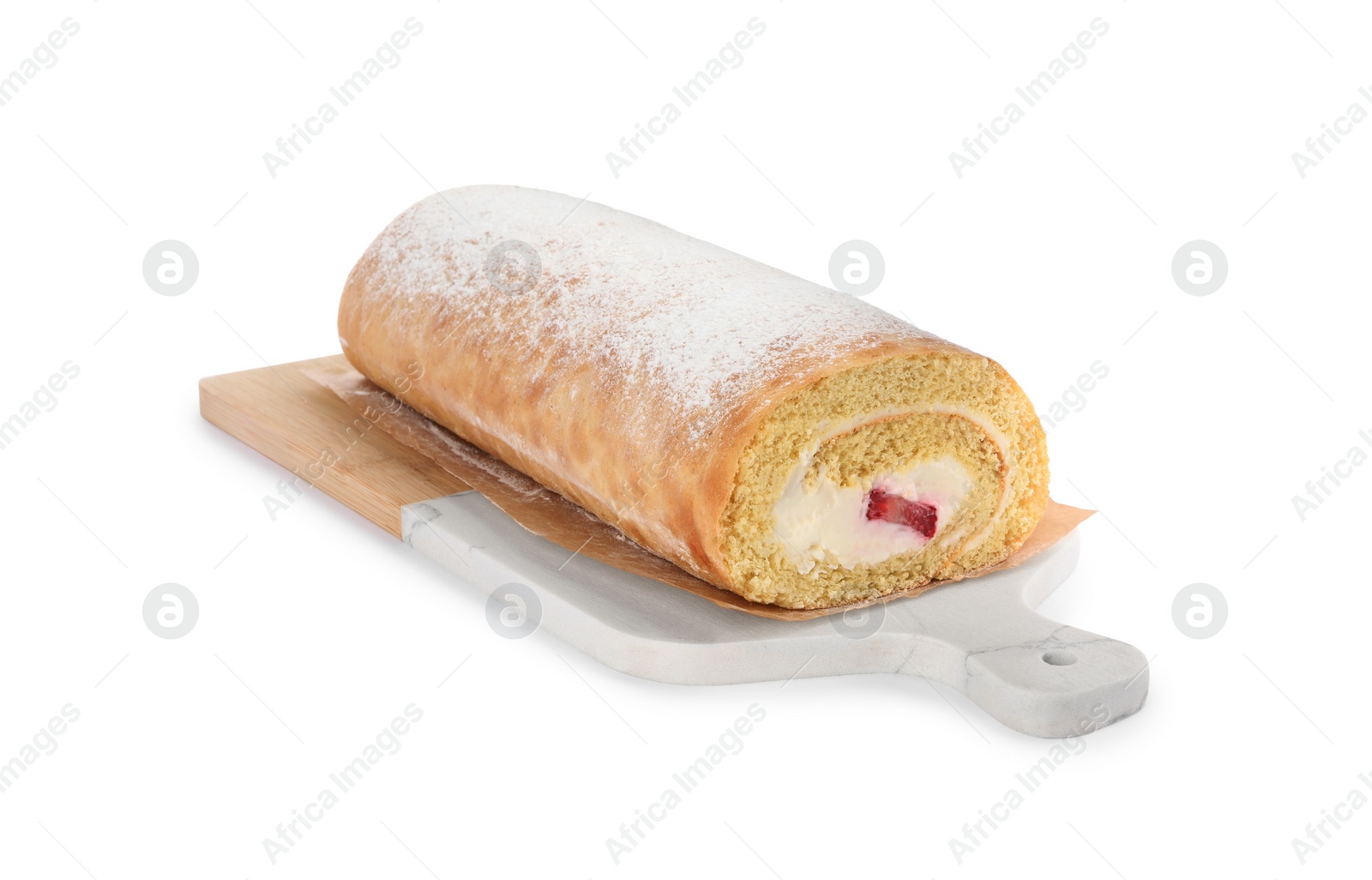 Photo of Delicious sponge cake roll with strawberries and cream isolated on white