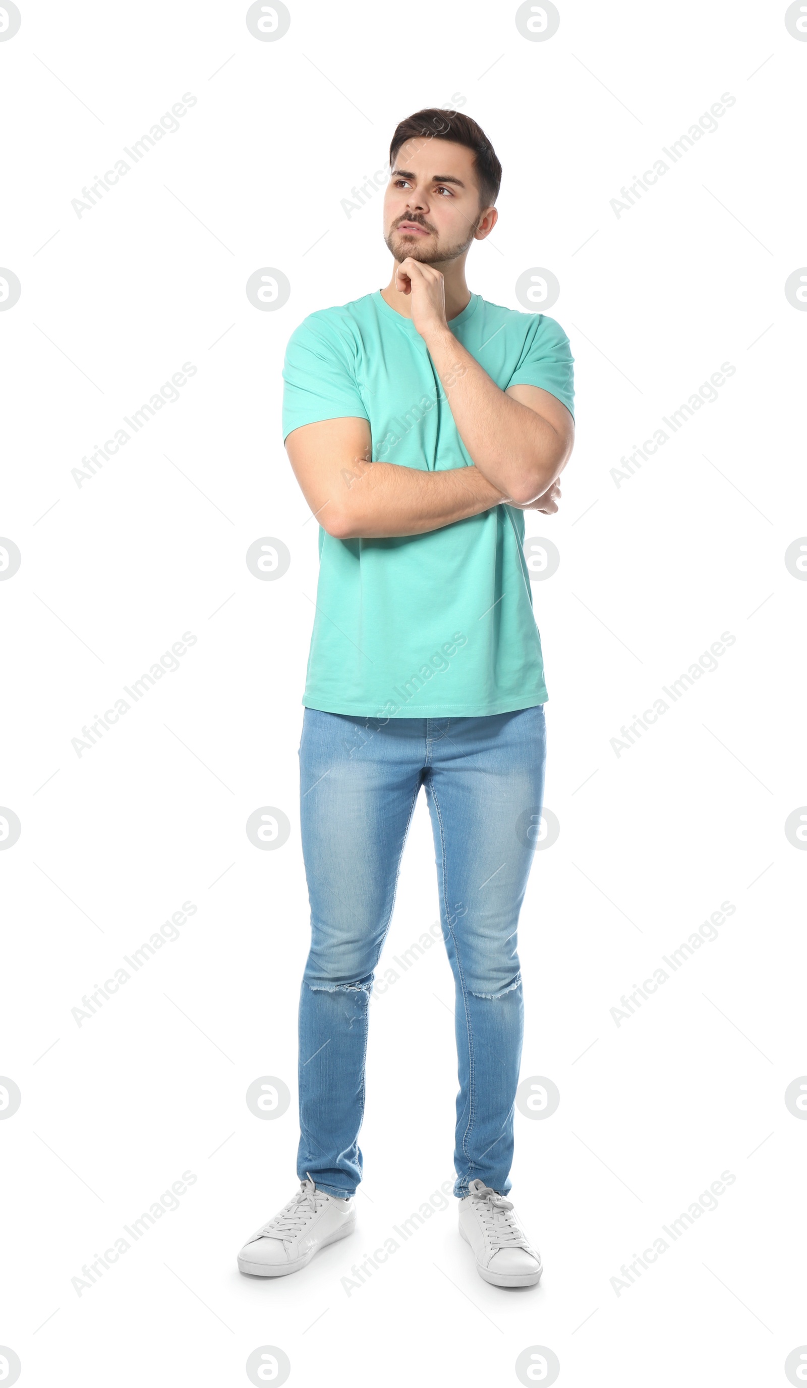 Photo of Full length portrait of pensive man on white background