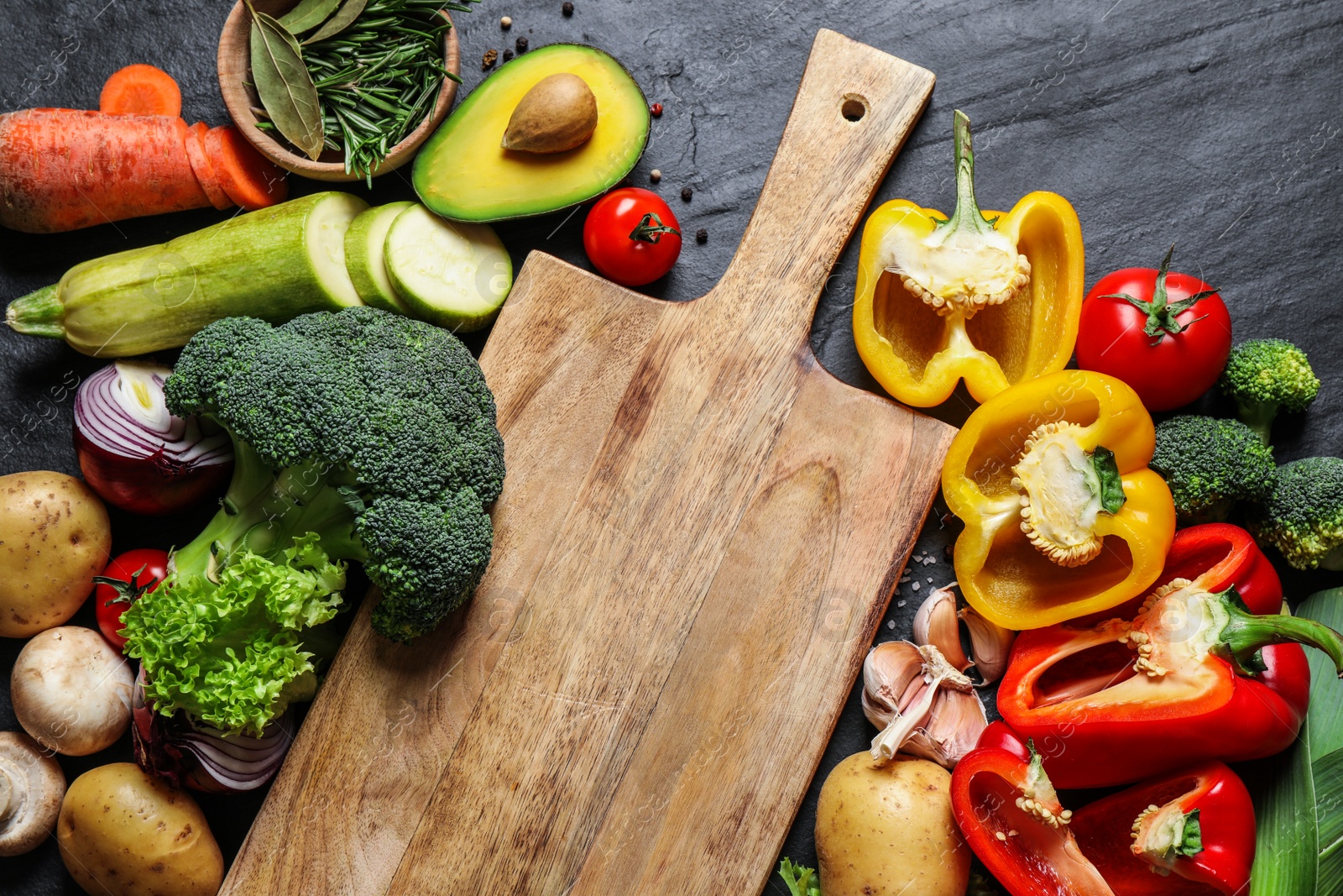 Photo of Flat lay composition with fresh products on grey table. Healthy cooking