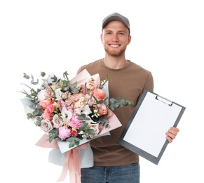 Delivery man with beautiful flower bouquet isolated on white