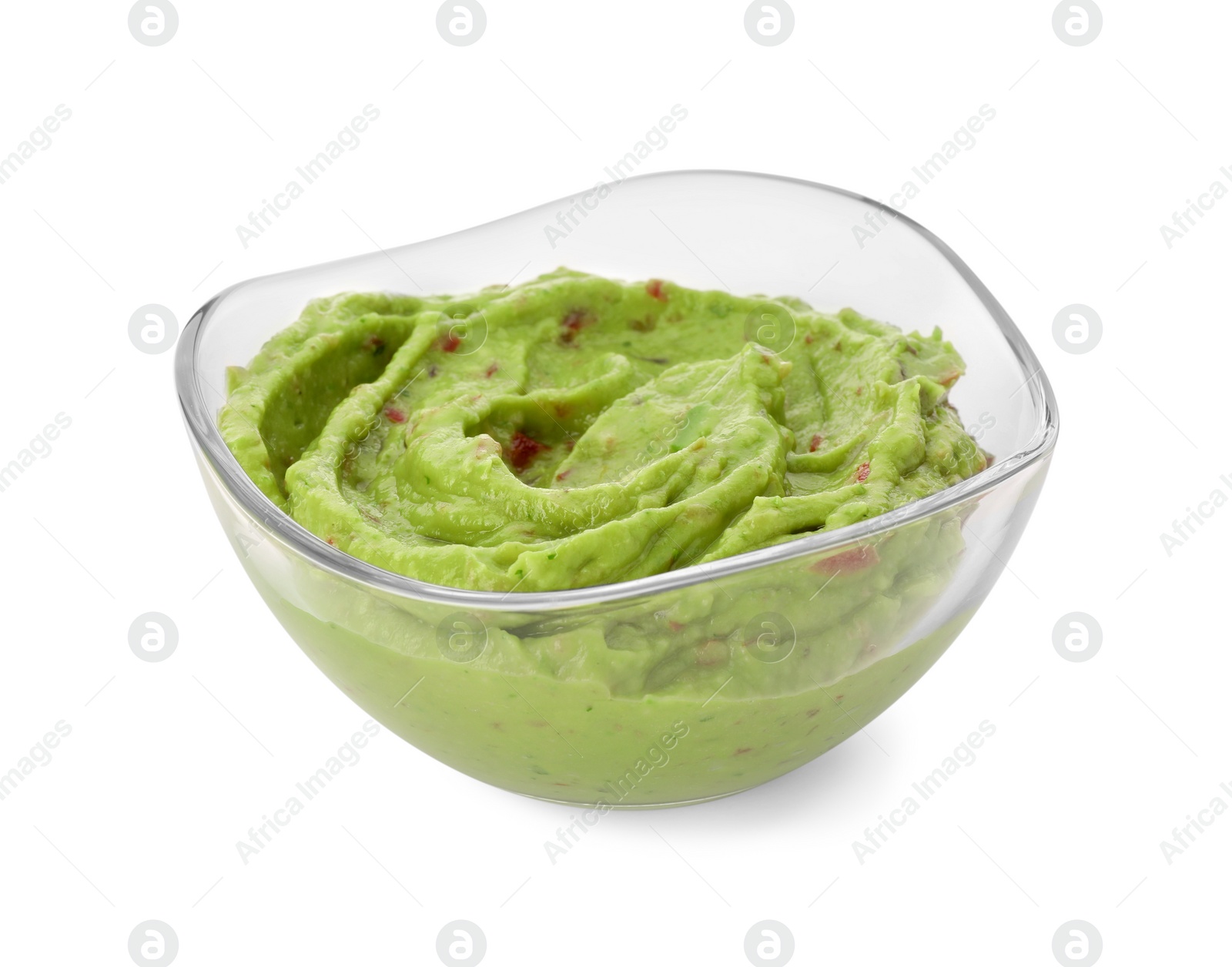 Photo of Bowl of delicious guacamole isolated on white