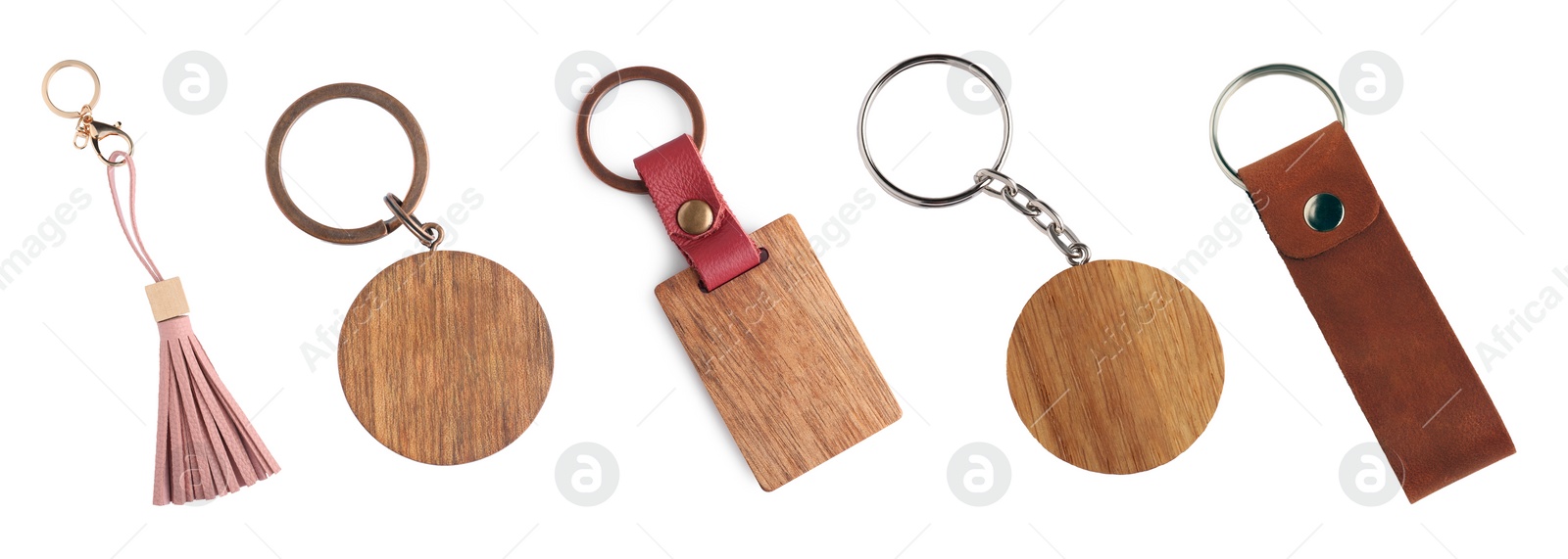 Image of Set of different key chains isolated on white