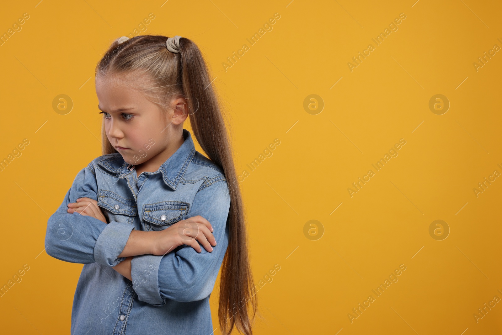 Photo of Resentful girl with crossed arms on orange background. Space for text