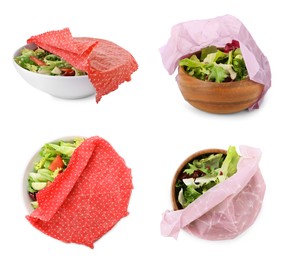 Salad in bowls covered with beeswax food wrap isolated on white, top and side views