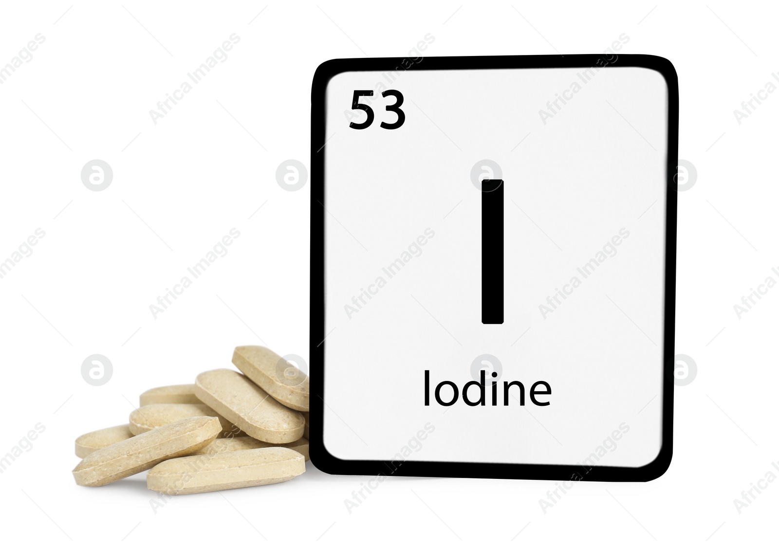 Photo of Card with iodine element and pills isolated on white