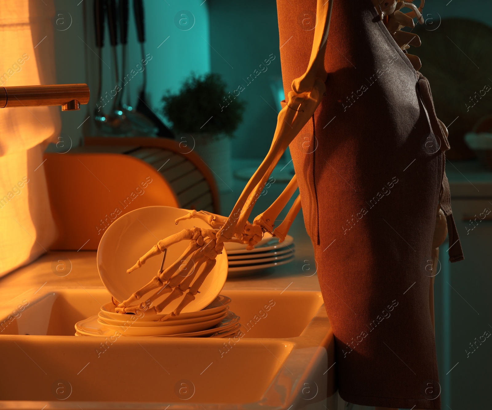 Photo of Human skeleton washing dishes in kitchen sink at night, closeup