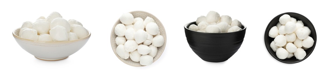 Image of Set with tasty mozzarella on white background. Banner design 