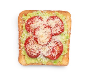 Photo of Tasty toast with avocado spread, tomato and cheese on white background, top view