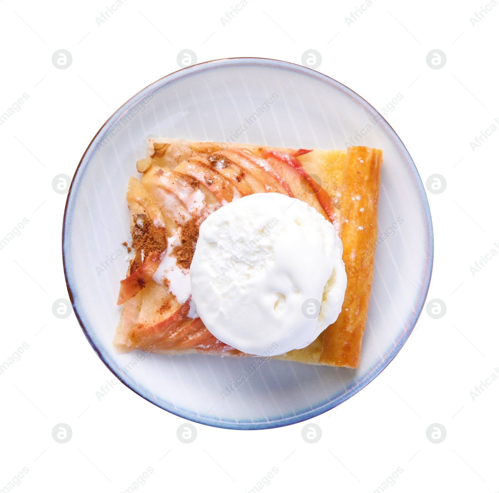 Photo of Plate with piece of freshly baked apple pie and ice cream isolated on white, top view