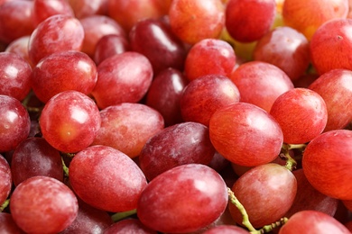 Fresh ripe juicy pink grapes as background, closeup view