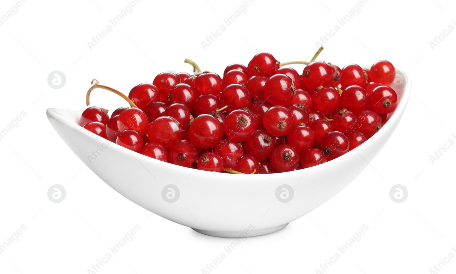 Photo of Tasty ripe red currants in bowl isolated on white