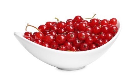 Photo of Tasty ripe red currants in bowl isolated on white