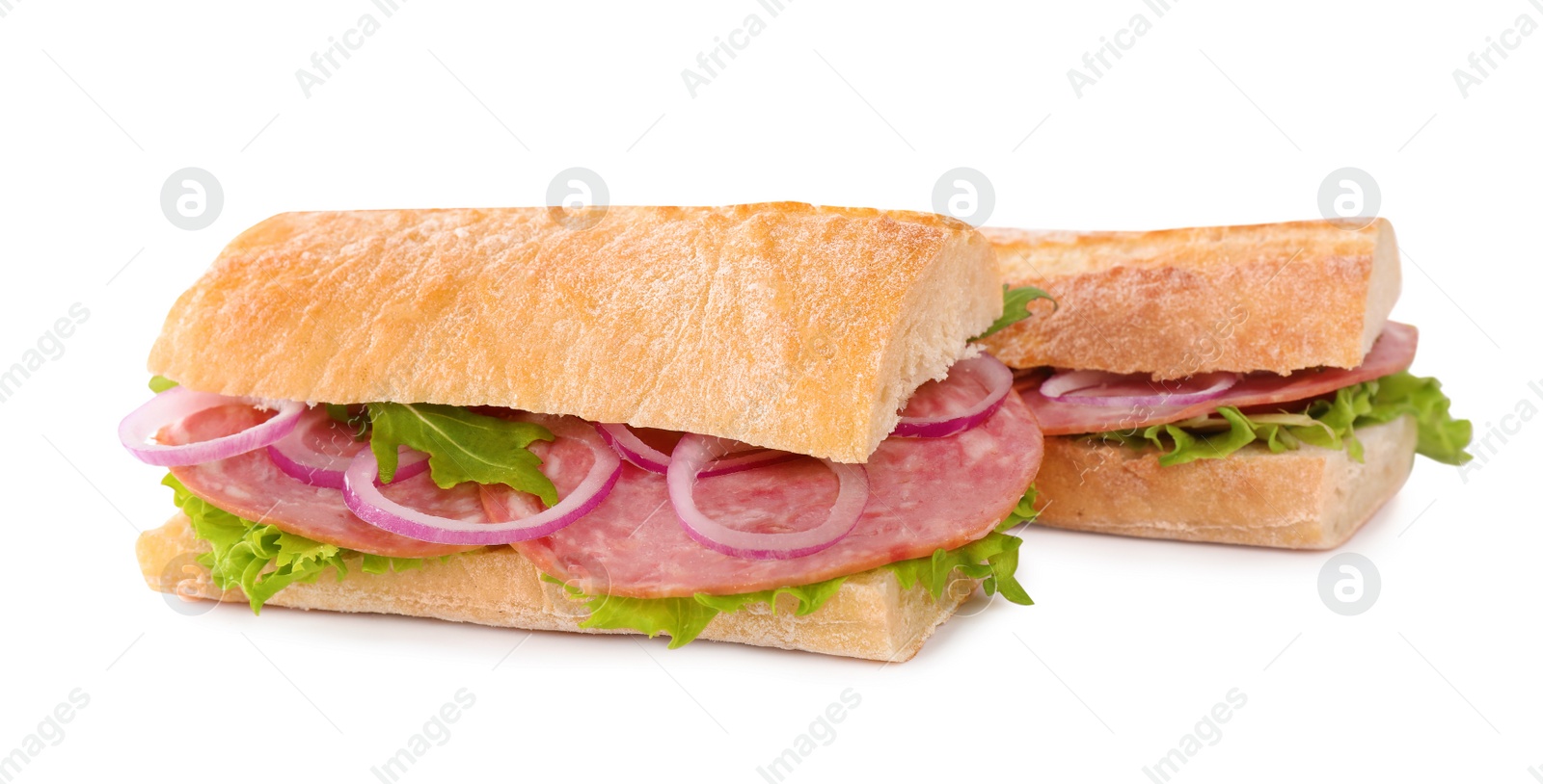 Photo of Tasty sandwiches with ham isolated on white