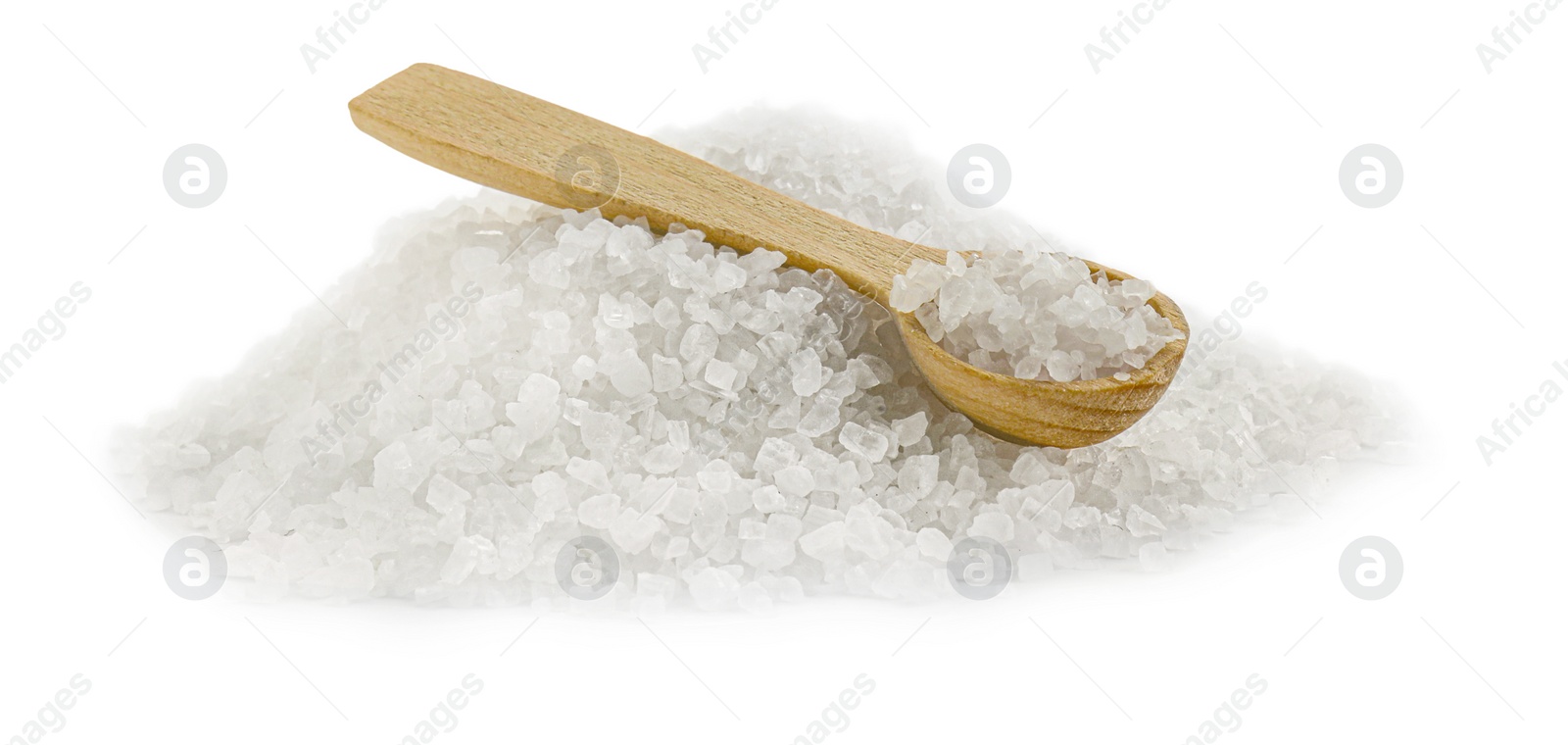 Photo of Heap of natural salt and wooden spoon isolated on white