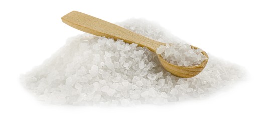 Photo of Heap of natural salt and wooden spoon isolated on white