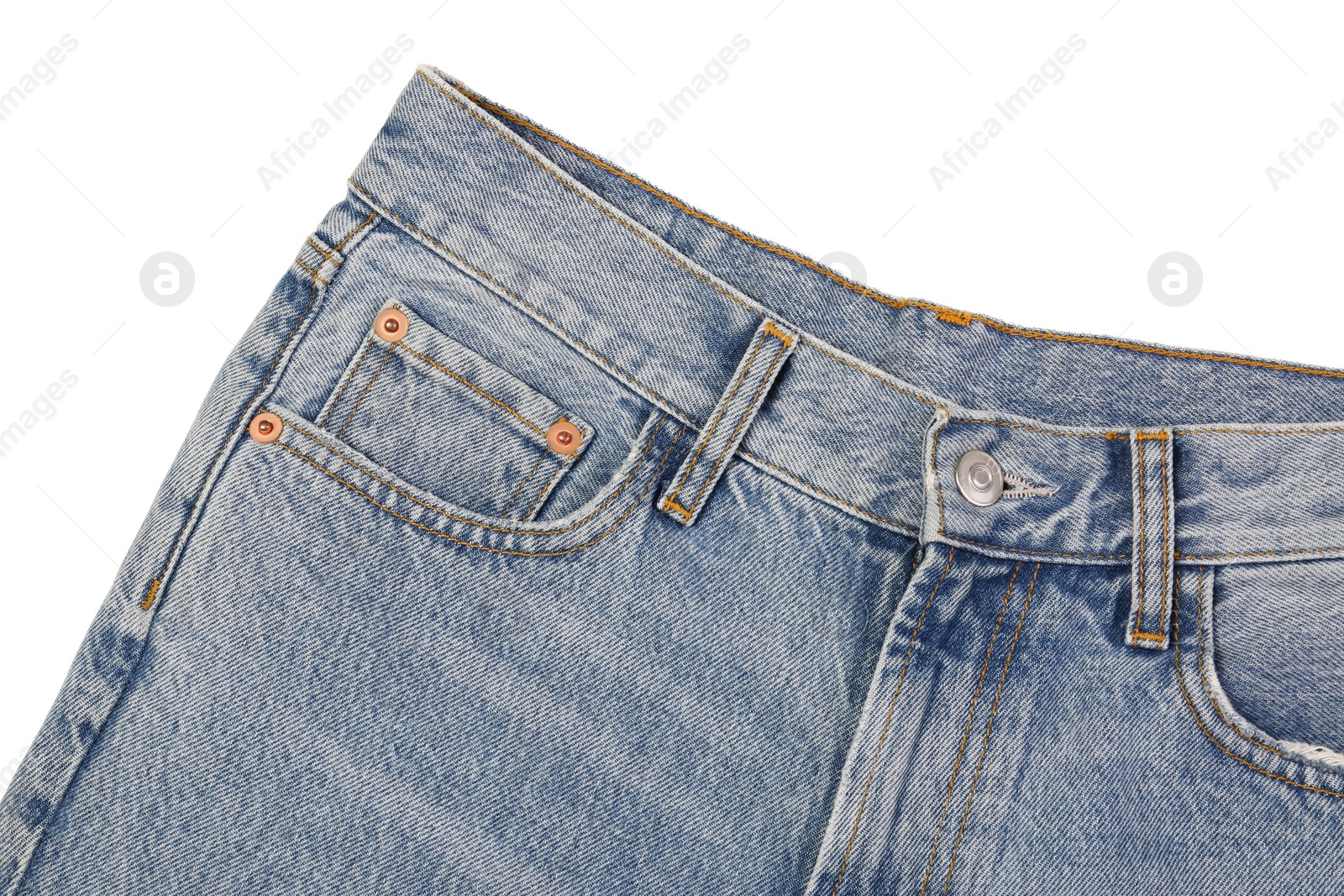 Photo of Stylish light blue jeans isolated on white, top view