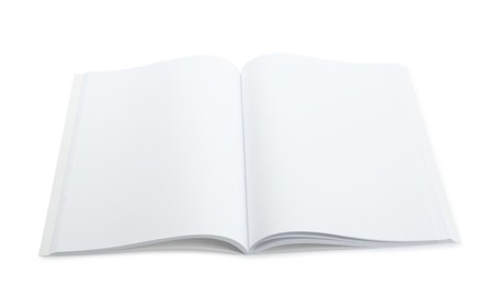 Photo of Open blank paper brochure isolated on white. Mockup for design
