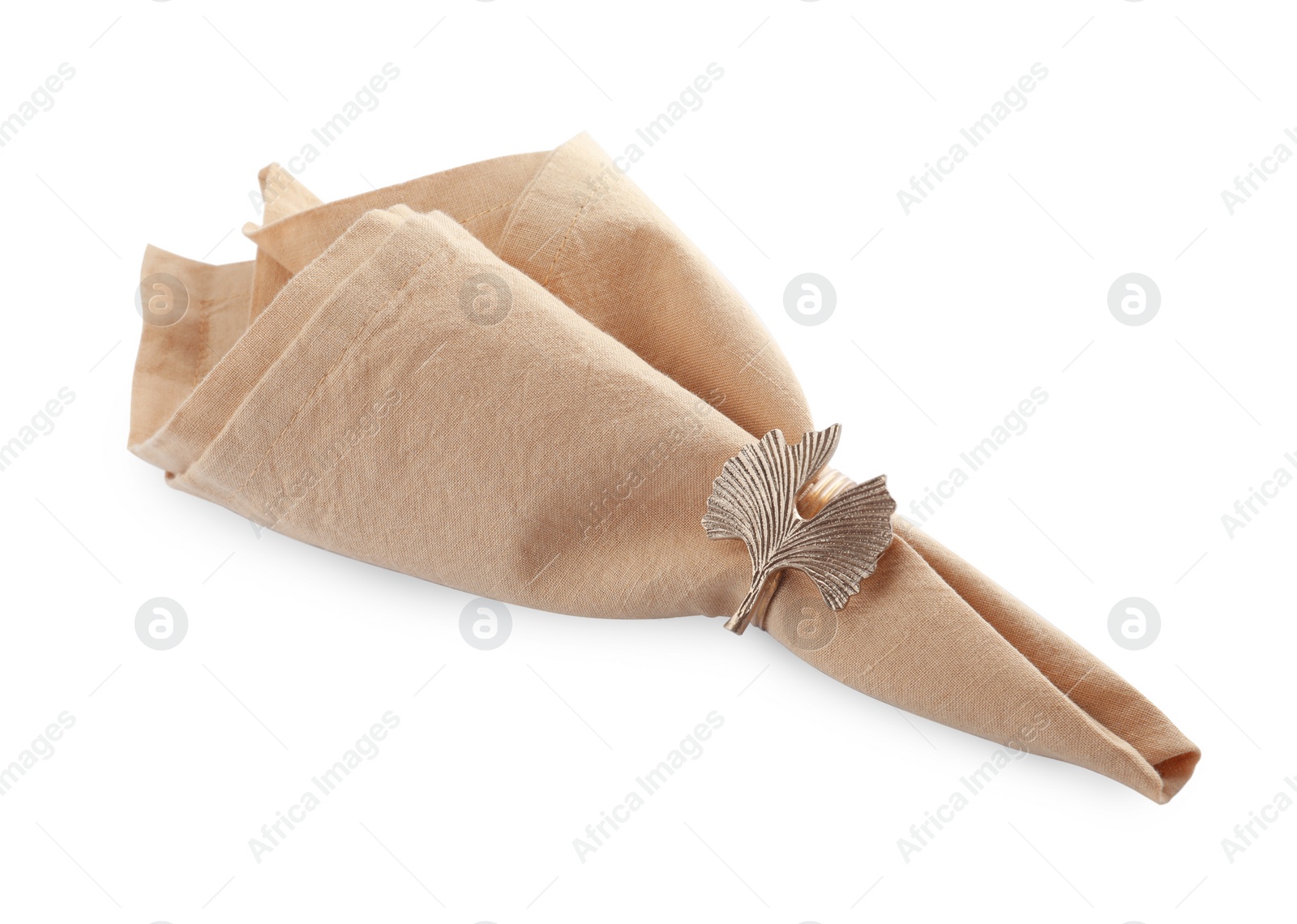 Photo of Fabric napkin with decorative ring for table setting on white background, top view