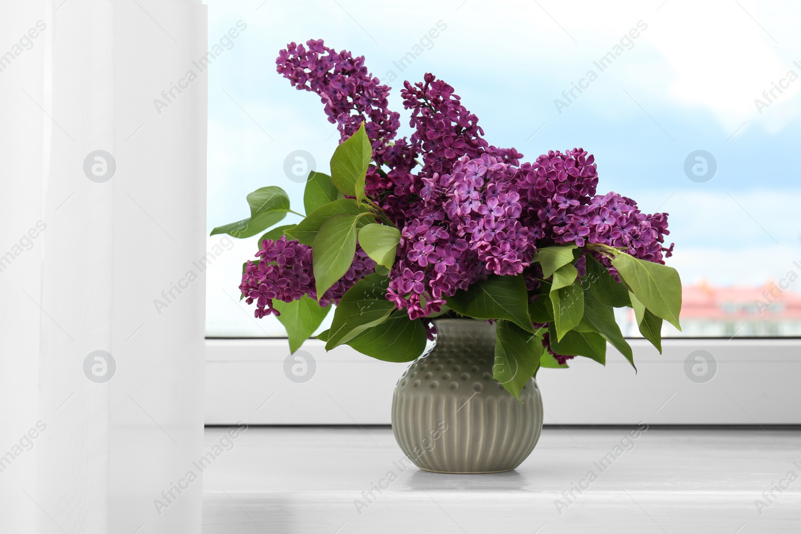 Photo of Beautiful lilac flowers in vase on windowsill