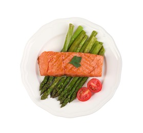 Photo of Tasty grilled salmon with tomatoes and asparagus isolated on white, top view