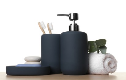 Photo of Bath accessories. Different personal care products on wooden table against white background