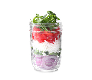 Photo of Healthy salad in glass jar isolated on white